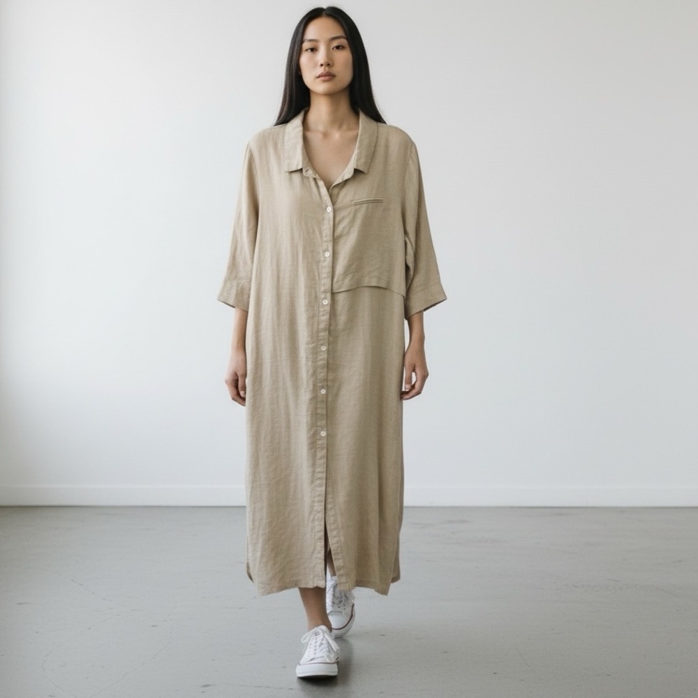 Sakura Hime Japan Natural Linen Long Kaftan Shirt Dress Size M/L